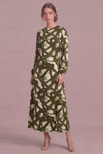 Load image into Gallery viewer, Cream/Olive Printed Satin LS Dress