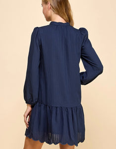 Navy LS Scallop Detail Dress