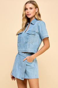 Denim Split Neck Cropped Top