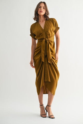 Golden Brown Satin Dolman Slv Tie Frnt Dress