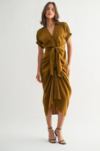 Golden Brown Satin Dolman Slv Tie Frnt Dress