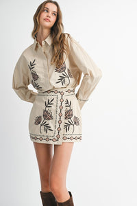Taupe Embroidered Button Down Shirt + Skirt Set