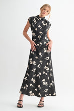 Load image into Gallery viewer, Black Flower Print Satin Mock Neck Maxi Dress
