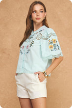 Load image into Gallery viewer, Light Blue Embroidered Floral SS Button Down Top