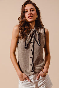 Taupe/Black Tie Neck Sweater Vest Top