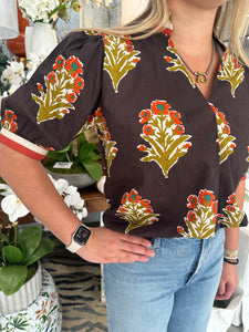Brown Floral Detail SS V-Neck Top (THML)