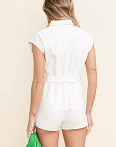 White Zip Up Belted Denim Romper