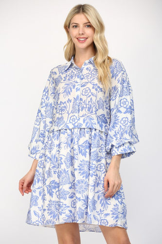 White/Blue Floral Puff Slv Mini Dress