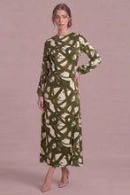 Load image into Gallery viewer, Cream/Olive Printed Satin LS Dress