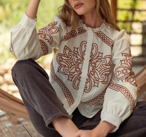 Ivory/Brown Embroidered LS Button Down Top