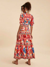 Load image into Gallery viewer, Red Resort Tropical Print V-Neck Puff Slv Maxi Dress
