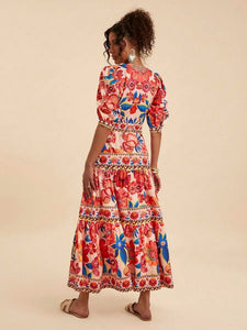 Red Resort Tropical Print V-Neck Puff Slv Maxi Dress