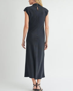 Black Satin Mock Neck Shirring Long Dress