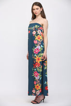 Load image into Gallery viewer, Navy Floral Border Strapless Maxi Dress