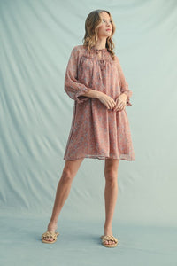 Neutral Floral LS Drop Shoulder Dress