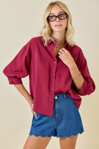 Button Down Collared 3/4 Puff Slv Top Maroon