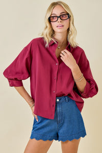 Button Down Collared 3/4 Puff Slv Top Maroon