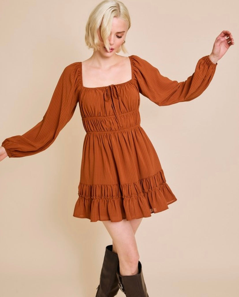 Rust Puff LS Tiered Mini Dress