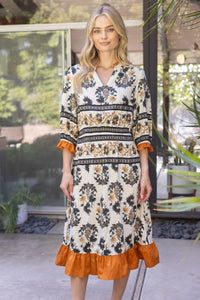 Cream Printed Ruffled Cuff Midi Dress
