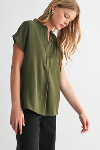 Satin V-Neck SS Top Olive