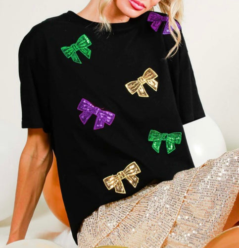 Black Mardi Gras Sequin Bow SS Tee