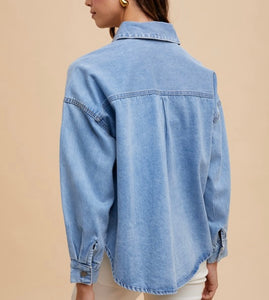 Light Denim Rhinestone Embellished Oversized Shirt