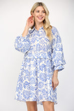 Load image into Gallery viewer, White/Blue Floral Puff Slv Mini Dress