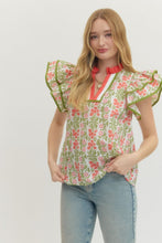 Load image into Gallery viewer, Coral/Green Printed Flutter Slv Top
