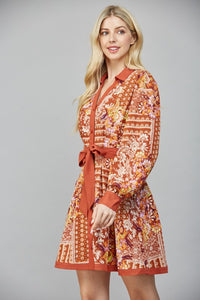 Brown Multi Print LS Shirt Dress