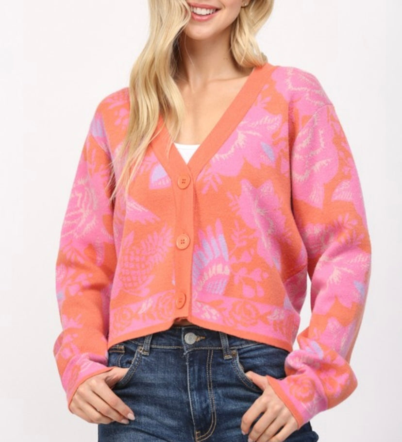 Orange Multi Floral Cardigan Sweater