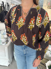 Load image into Gallery viewer, Brown Floral Detail LS V-Neck Top (THML)