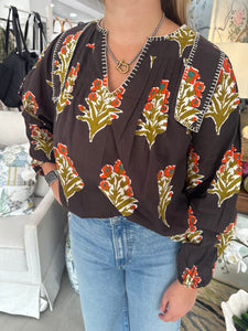 Brown Floral Detail LS V-Neck Top (THML)