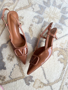 Camel Patent Slingback Kitten Heel