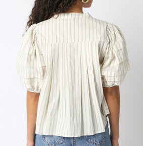 Ivory/Black Striped Button Down Puff Slv Top