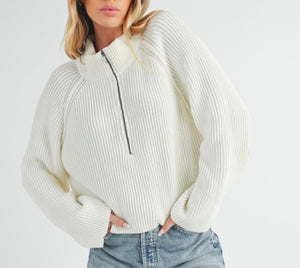 Soft Ribbed Half Zip Sweater White