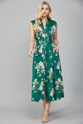 Green Vintage Floral Zip Frnt Slvls Dress