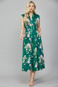 Green Vintage Floral Zip Frnt Slvls Dress