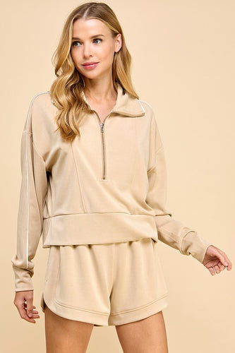 Beige Piped Pullover w/ Shorts Set