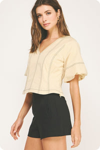 Cream/Black Stitch Puff Slv Top