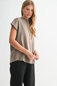Satin V-Neck SS Top Mocha