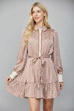 Load image into Gallery viewer, Beige Geo Print LS Satin Tie Waist Shirt Dress