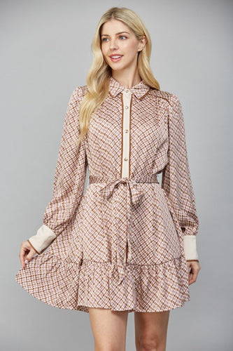 Beige Geo Print LS Satin Tie Waist Shirt Dress
