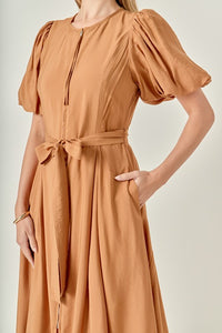 Camel Puff Slv Midi Dress