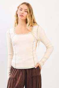 Cream/Taupe Stitched LS Knit Top