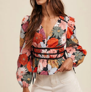 Black Floral V-Neck Contrast Blouse