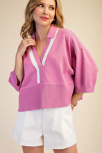 Load image into Gallery viewer, Pink Contrast Trim Dropped Shoulder Sweater