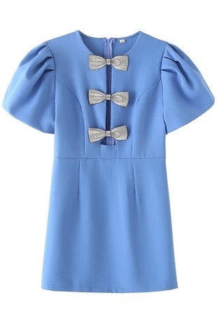 Blue Short Bubble Slv Front Bow Dress