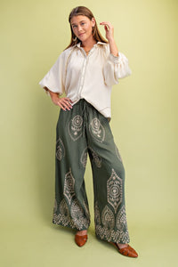 Olive Metallic Embroidery Wide Leg Pants