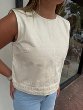 Load image into Gallery viewer, Cream Denim Embroidered Trim Slvls Top