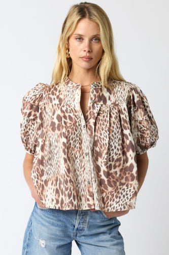 Leopard Puff Slv Button Down Top